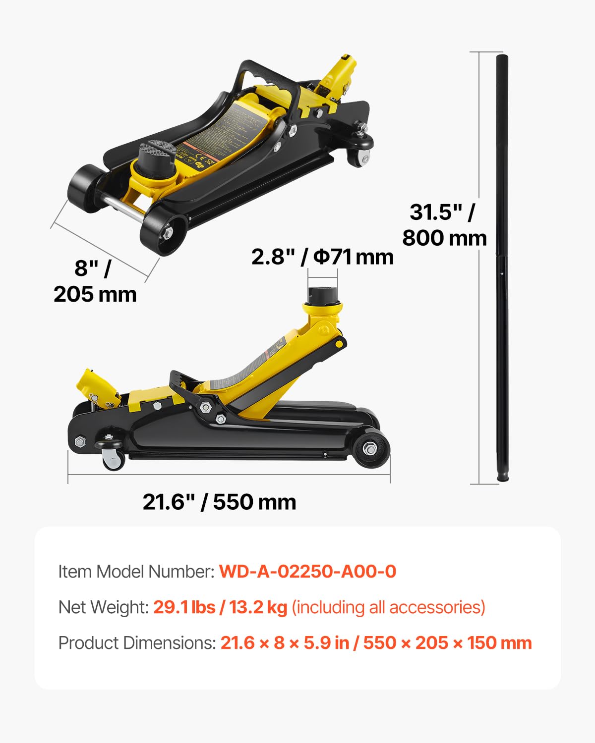 VEVOR Gato de Bajo Perfil de Acero Carga Máxima de 2,5 T Gato Hidraulico para Automóvil Rango de Elevación 85-380 mm Bomba Hidráulica Simple Gato Carretilla para Automóviles Familiares, Camiones, Todoterrenos