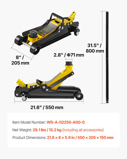 VEVOR Gato de Bajo Perfil de Acero Carga Máxima de 2,5 T Gato Hidraulico para Automóvil Rango de Elevación 85-380 mm Bomba Hidráulica Simple Gato Carretilla para Automóviles Familiares, Camiones, Todoterrenos