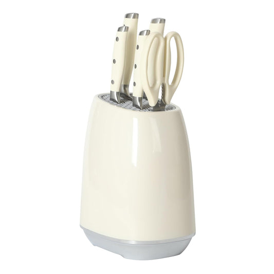Oster Deaton Juego de cuchillos con cuchillos de acero inoxidable y tijeras de cocina, juego de cubiertos de cocina de 6 piezas con asas blancas y bloque de almacenamiento de encimera
