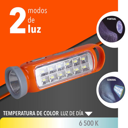 Tecnolite Lámpara LED Recargable Portátil, Linterna LED, 4 Horas de Uso, 100 m. de Distancia, 3.5 W, 100 - 240 V, 100 Lumens, Luz de Día 6 500 k, IP 20, Color: Naranja.