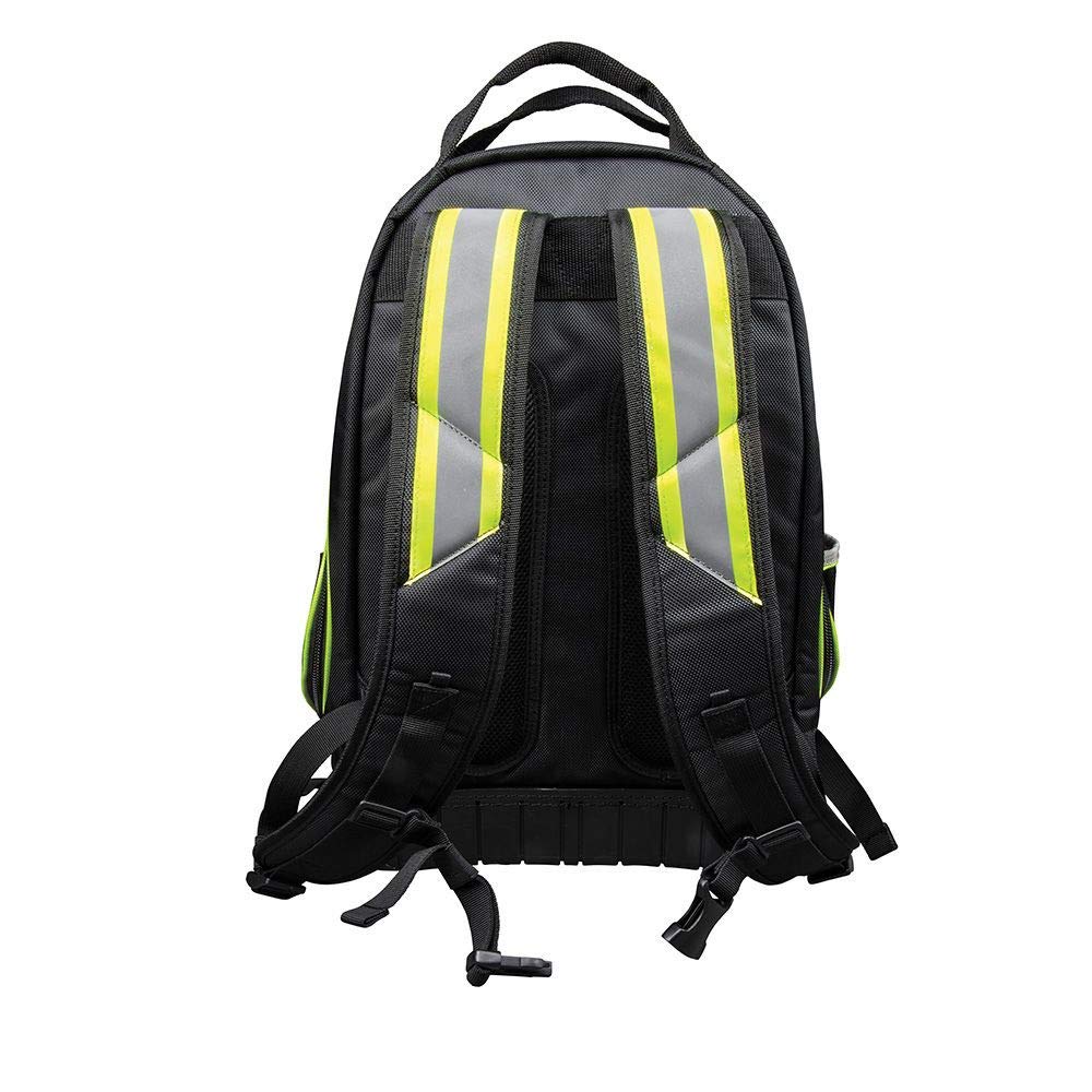 Klein Tools 55597 Mochila para bolsa de herramientas, organizador de herramientas Tradesman Pro con 39 bolsillos, reflectante de alta visibilidad, correas acolchadas para el hombro, base moldeada