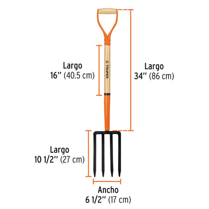 Truper BJ-4, Bieldo para jardín, 4 dientes, puño "Y", mango 30"