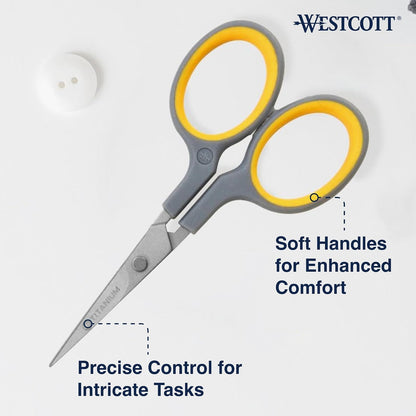 Westcott - Tijeras de bordado de 4 pulgadas con hojas de titanio para manualidades, costura y más, gris/amarillo
