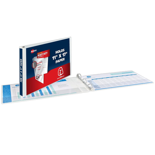 Avery Carpeta Heavy-Duty View de 3 anillos, anillos inclinados de 2 pulgadas, capacidad para papel de 11 x 17 pulgadas, 1 carpeta blanca (72126)