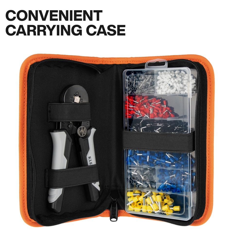 Klein Tools 34060 Juego de herramientas de prensado de virola con alicates cuadrados de carraca, 1200 terminales de cable (10-22 AWG) y estuche de transporte suave para aplicaciones eléctricas