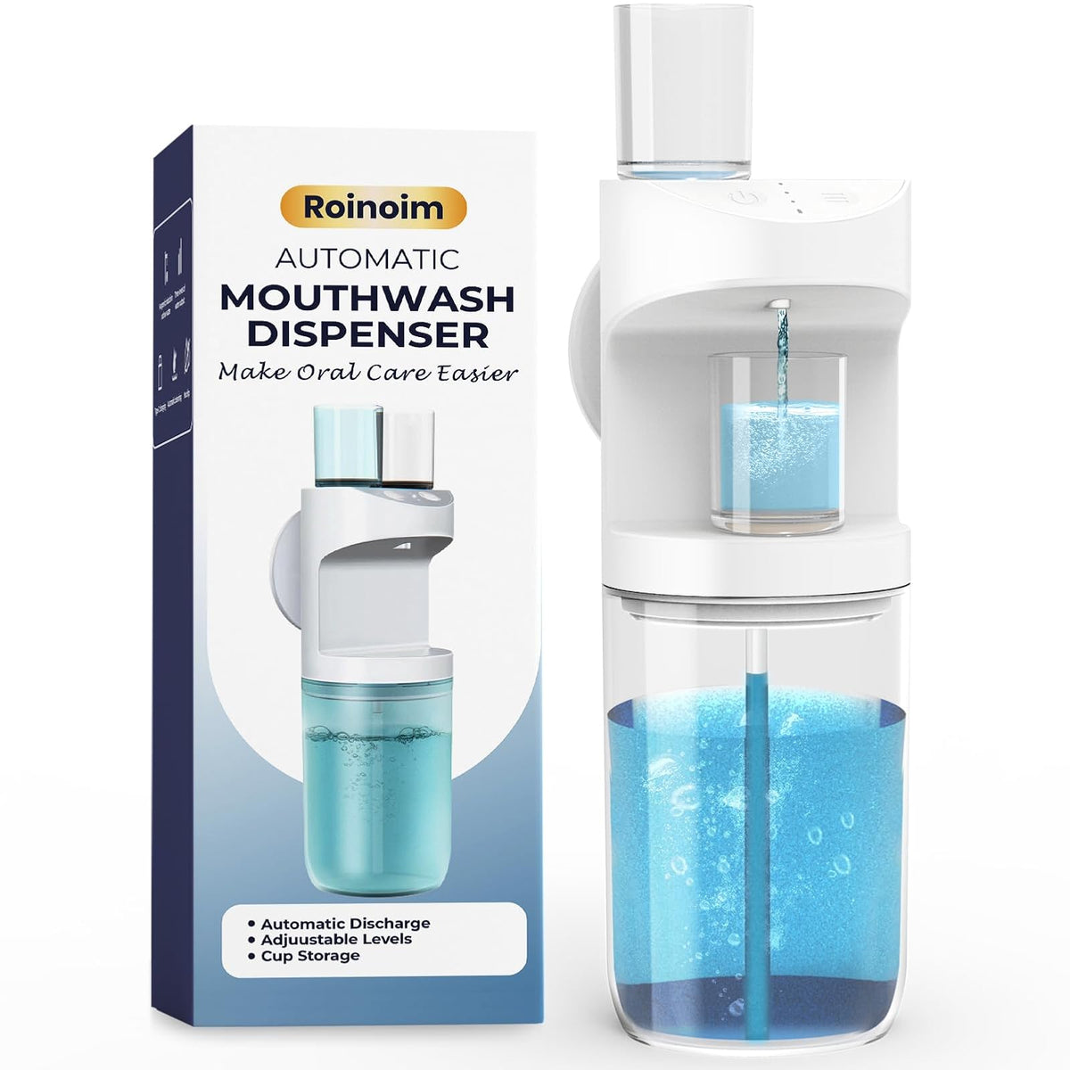 Dispensador automático de Enjuague bucal, 550 ml (20 oz) dispensador de Enjuague bucal para baño con Vasos magnéticos, 3 Niveles de dispensación, Largo Tiempo de Espera, Blanco