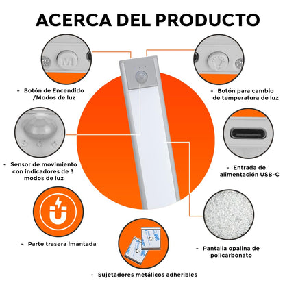 Tecnolite - Lámpara Regleta LED 2.5 W Magnética Recargable 50 cm, Luz Blanca Ajustable, Sensor de Movimiento, Atenuable