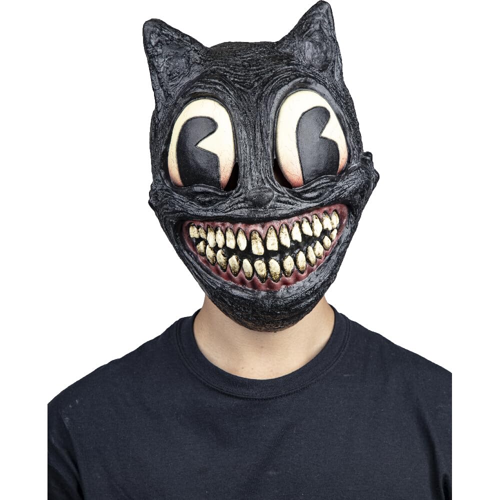 Ghoulish Productions Máscara Cartoon Cat de Látex | Diseño Creepypasta con Ojos Gigantes y Sonrisa Terrorífica para Halloween Cosplay y Fiestas | Negro Talla M