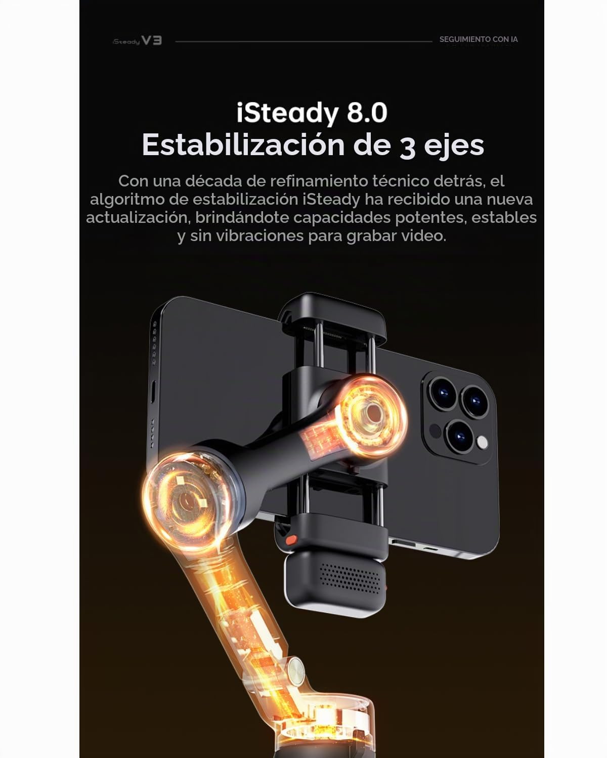 Hohem iSteady V3 Estabilizador para Celular, Gimbal 3 Ejes con AI Tracking sin App, Luz Ajustable, Control Remoto, Selfie Stick, Trípode, iPhone Android, Vlog TikTok Youtube, Negro