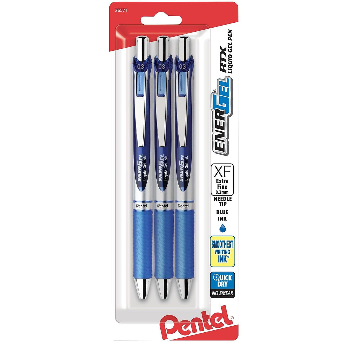 Pentel EnerGel RTX Bolígrafos Retráctiles de Tinta Líquida de Gel - Aguja de 0.3mm - 3 Unidad (Paquete de 1) - Azul