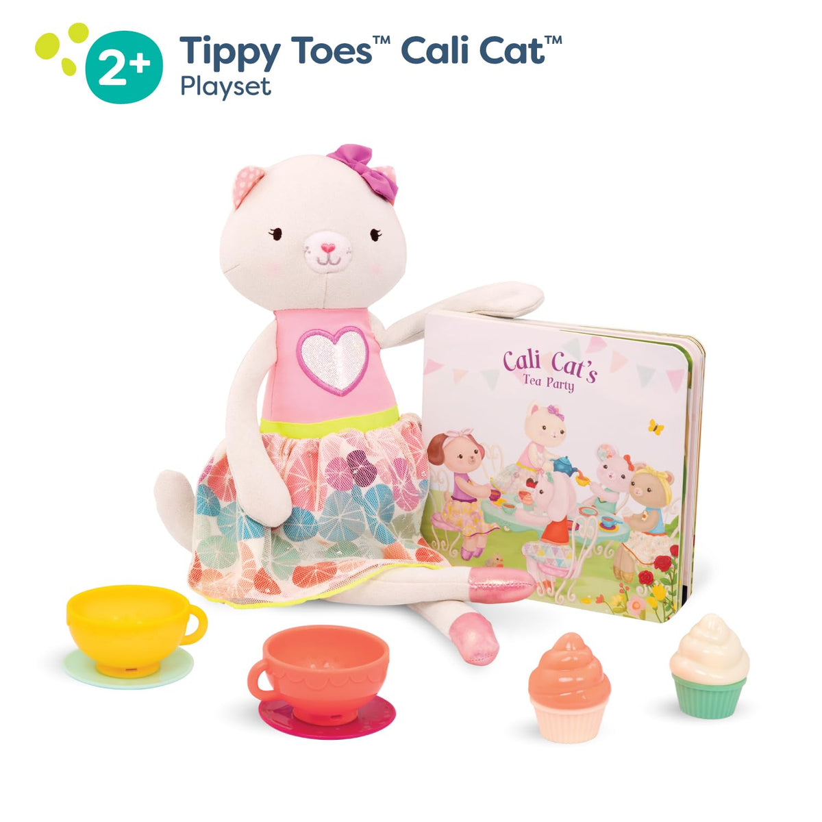 B. toys Tippy Toes Cali Cat, Gata de Peluche con Libro y Juego de té | Set de 8 con Cali Cat, libro de cartón, 2 tazas, 2 platos y 2 pastelitos para juego simbólico y lectura, 2 años y +