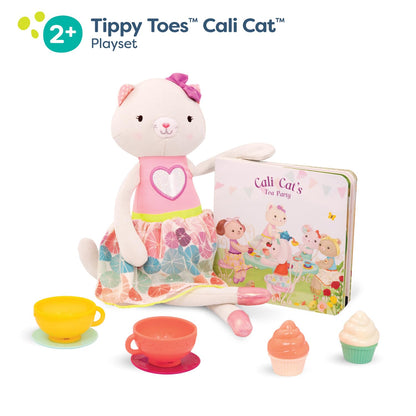 B. toys Tippy Toes Cali Cat, Gata de Peluche con Libro y Juego de té | Set de 8 con Cali Cat, libro de cartón, 2 tazas, 2 platos y 2 pastelitos para juego simbólico y lectura, 2 años y +