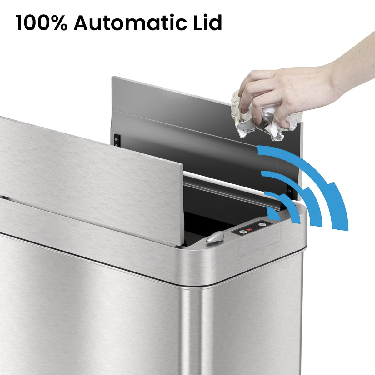 iTouchless - Cubo de basura con sensor abierto de 49.2 l, con filtro de olor AbsorbX y tapa a prueba de mascotas, acero inoxidable, la basura automática sin contacto evita que los perros y gatos entren en cubos de basura de cocina