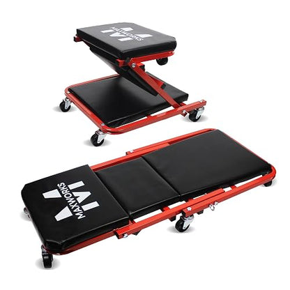 MaxWorks 50873 - Enredadera mecánica 2 en 1, Asiento Z-Creeper de 36 Pulgadas, Capacidad de 300 Libras, Enredadera de Perfil bajo con 6 Ruedas para cochera, Tienda, reparación de automóviles