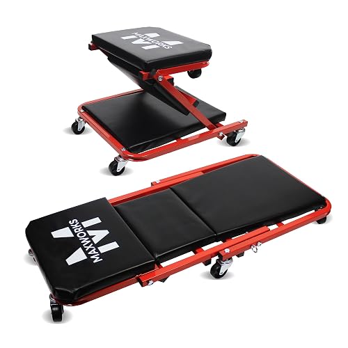 MaxWorks 50873 - Enredadera mecánica 2 en 1, Asiento Z-Creeper de 36 Pulgadas, Capacidad de 300 Libras, Enredadera de Perfil bajo con 6 Ruedas para cochera, Tienda, reparación de automóviles
