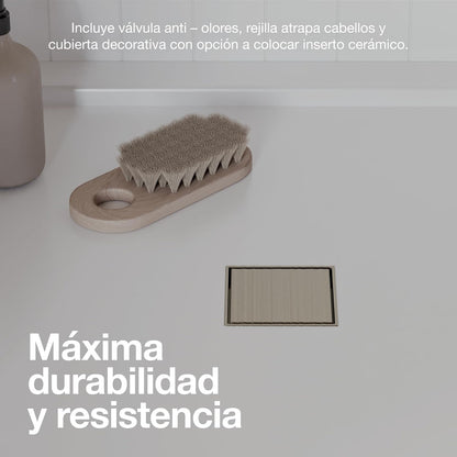 Interceramic Coladera Universal Cuadrada para Regadera 10 x10 cm, con Válvula Anti-Olores y Cubierta Decorativa hecha de Latón para Máxima Durabilidad y Resistencia a Corrosión, Color Níquel Cepillado