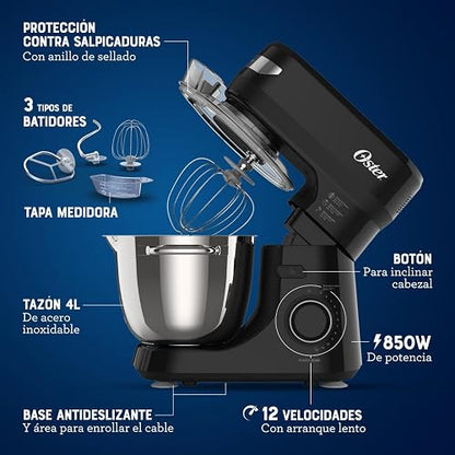 Oster Batidora Planetaria 850 W con 12 Velocidades y Tazón de 4 L | Mezclas homogéneas con cuchilla Quad de acero inoxidable, incluye 4 accesorios, negro, FPSTSMPL2B