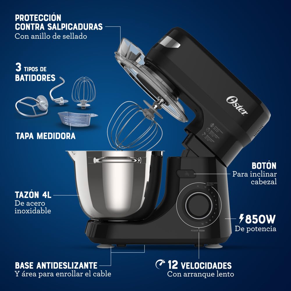 Oster Batidora Planetaria, 12 velocidades, Tazón de Acero Inoxidable, Capacidad de 4 lt, Incluye 4 Accesorios, 850 W, Negro, FPSTSMPL2B