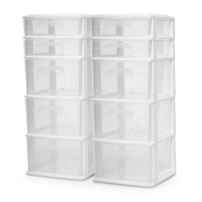 HOMZ Plastic 5 Drawer Medium Storage Tower, White Frame, Clear Drawers, Set of 2