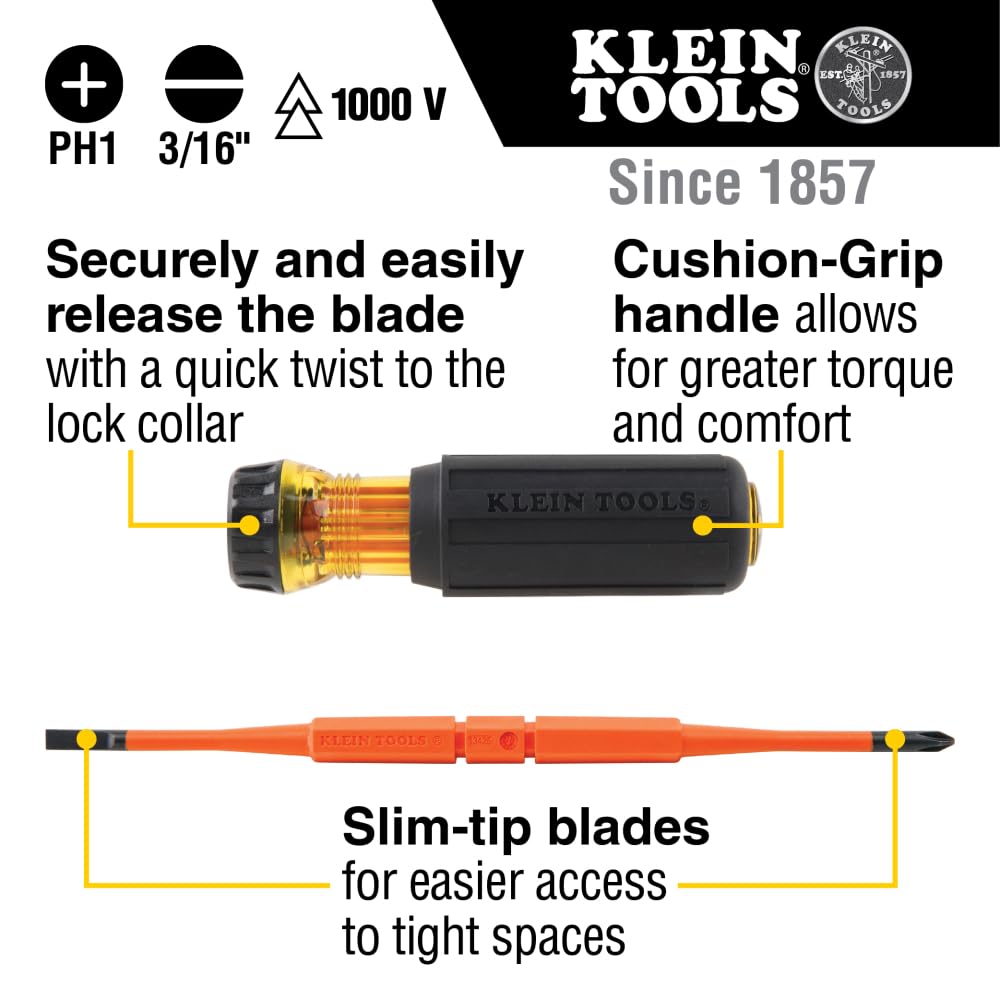 Klein Tools 32286 - Destornillador aislado, juego de destornilladores 2 en 1 con hoja abatible, Phillips #1 y puntas ranuradas de 3/16 pulgadas, cuchillas de doble extremo