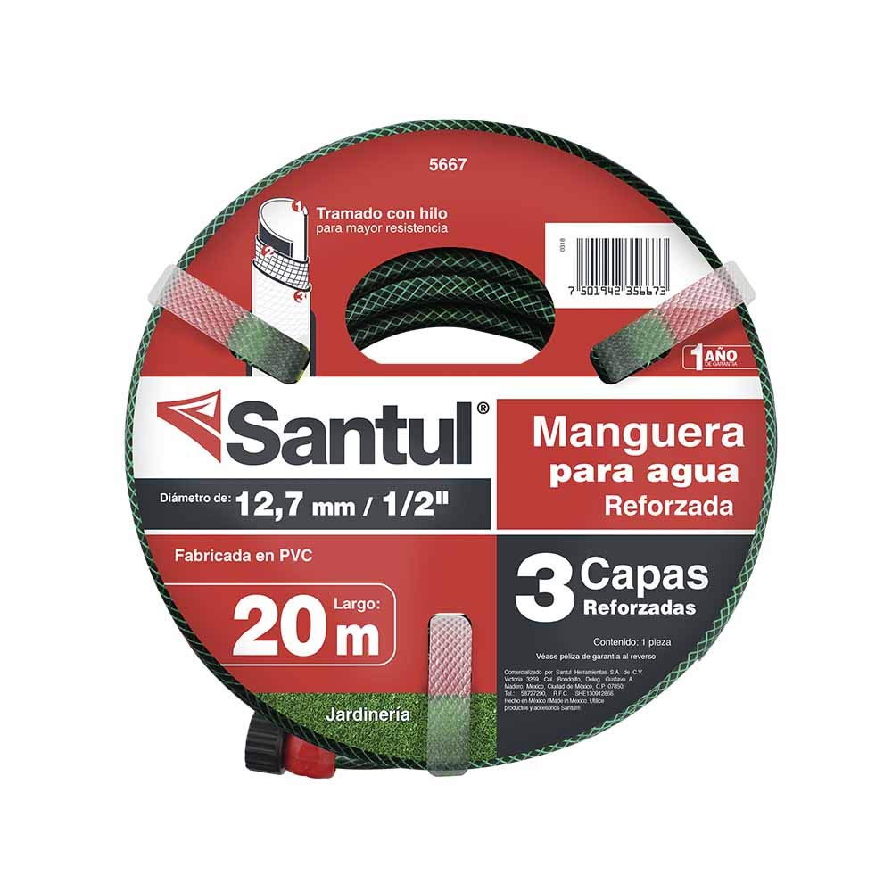 Santul 5668 Manguera para Jardín Reforzada 3 Capas, 30 m, Conexión 1/2" - 20 M - Manguera Reforzada