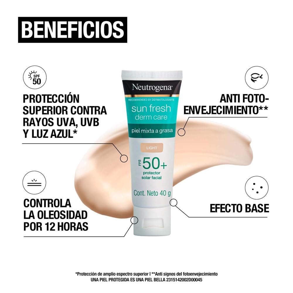 Neutrogena Sun fresh Protector Solar Facial Tono Claro Dermcare Niacinamida FPS50+, 40g