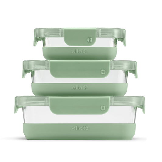 Ello Duraglass - Juego de 6 unidades, paquete de 3 unidades, recipiente de vidrio para almacenamiento de alimentos con funda de silicona y tapas de plástico herméticas sin BPA, apto para lavaplatos