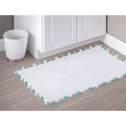 iDesign Pom Cotton Bath Mat, Shower Accent Rug for Master, Guest, and Kids' Bathroom, 21" x 34", White and Blue