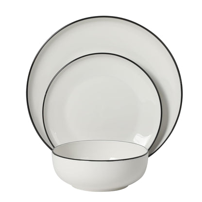 Gibson Home Havenstone - Juego de vajilla de porcelana de 12 piezas, platos de cena, platos de ensalada y cuencos, clásico blanco con borde negro, apto para el hogar, cocina, microondas y lavaplatos