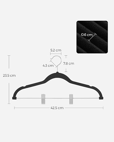 SONGMICS Perchas para Pantalones, 30 Perchas de Terciopelo, 42.5 cm de Largo, con Clips Ajustables, Antideslizantes, Negro MCRF12B30