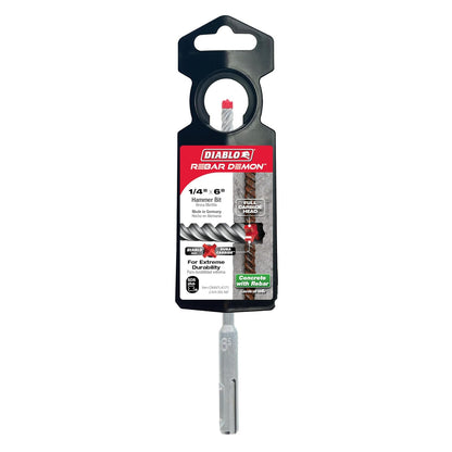Diablo Rebar Demon SDS-Plus - Broca de martillo de cabeza de carburo completa de 4 cortadores, cabeza de carburo completa, diámetro de 1/4 pulgadas, longitud de trabajo de 6 pulgadas, longitud de