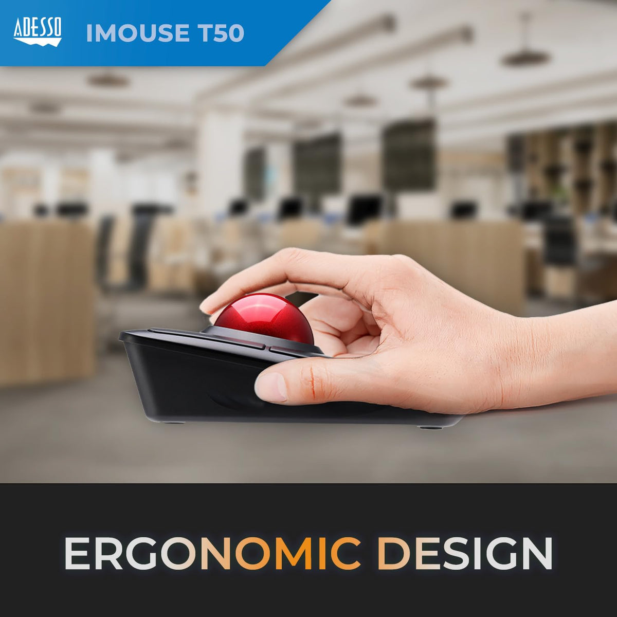Adesso iMouse T50 Wireless Ergonomic Finger Trackball Mouse with Nano USB Receiver, Programmable 7 Button Design, and 5 Level DPI Switch, for Left and right Hand