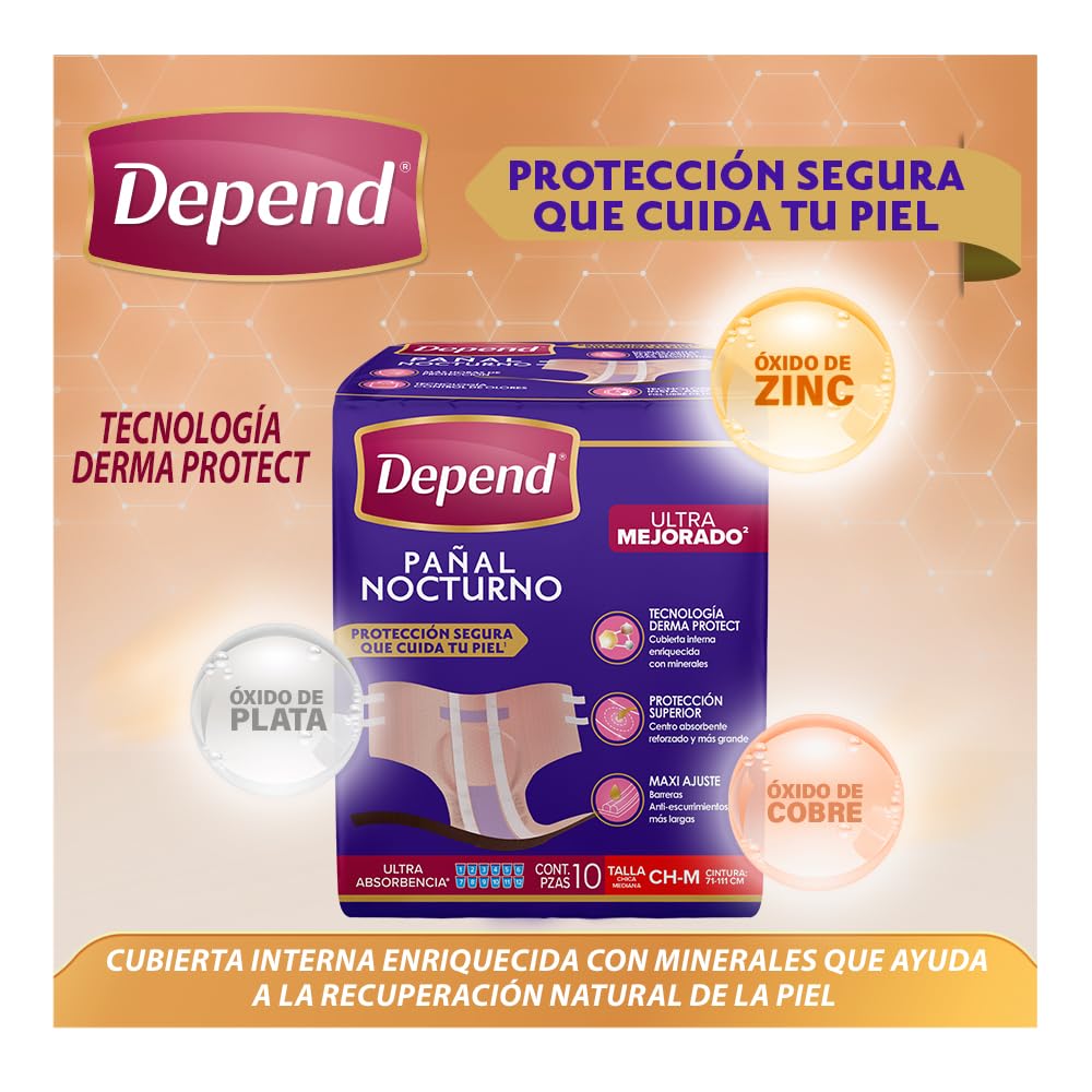 Depend Pañal Nocturno para Incontinencia, Talla Mediana, Unisex, Caja con 6 Paquetes de 10 Piezas (60 pañales), ideal para descargas abundantes