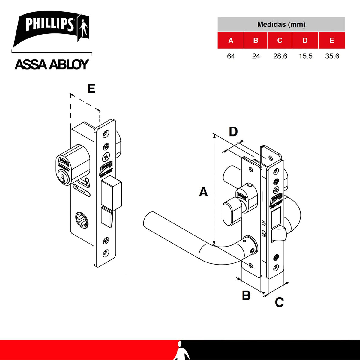 Phillips Cerradura Modelo Slim 570 Manija Redonda Para Puerta De Aluminio Negro