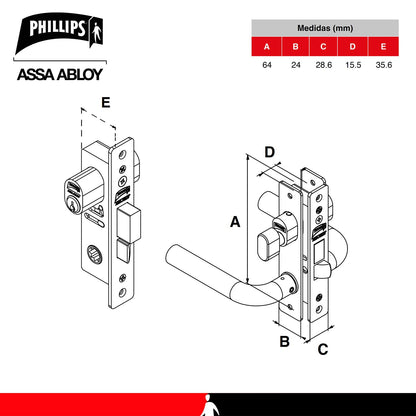 Phillips Cerradura Modelo Slim 570 Manija Redonda Para Puerta De Aluminio Negro