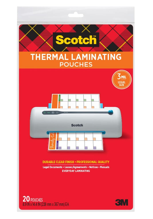 Scotch - Bolsas de laminación térmica, 8.9 x 14.4 Pulgadas, tamaño Legal, Paquete de 20 (TP3855-20)