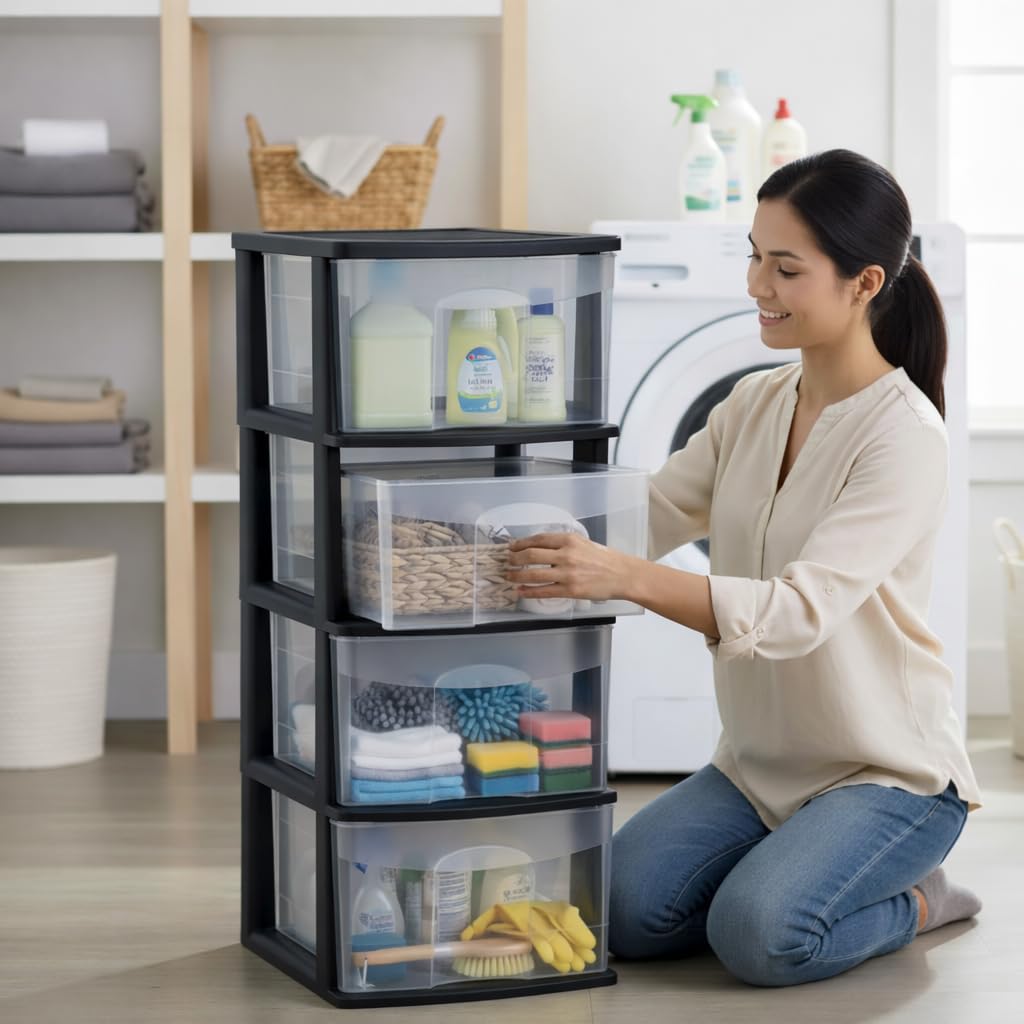 Italhome Cajonera FOX 4 de Plástico 4 Cajones Transparentes, Organizador Multiusos para Hogar y Oficina, Mueble Ligero Resistente, Fácil Limpieza, Color Negro