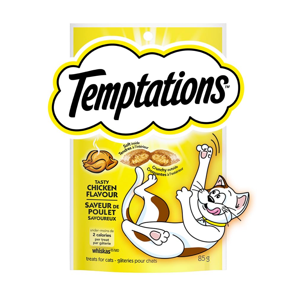 Temptations premios para Gato Sabor Pollo Sabroso, 12 Pack de 85gr c/u – Crujientes por Fuera y Cremosos por Dentro