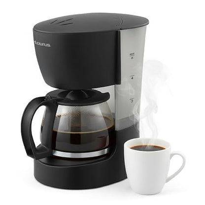 TAURUS COFFEE MAX 6, Cafetera de Goteo con Filtro Permanente, 600 ml, Cafetera 6 Tazas, Anti-goteo, 650 W, Jarra de vidrio, Placa calefactora, Interruptor luminoso