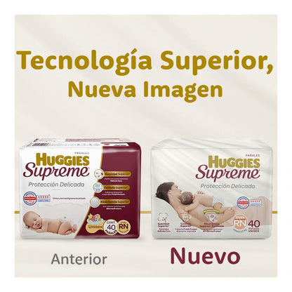 Pañal Huggies Supreme, unisex con 40 pzs, etapa Recién Nacido, para bebés de hasta 3.5 kg. Único clinica y dermatologicamente probado