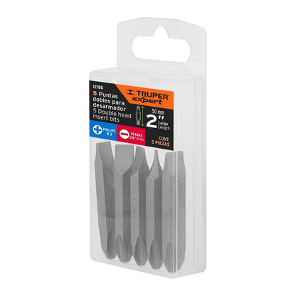 Truper Expert PUDE-4203, Estuche con 5 puntas dobles PH3 y 5/16" largo 2" resistentes al desgaste