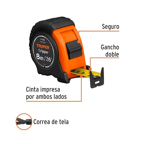 Truper FH-8M, Flexómetro Gripper, contra impacto, 8 m, cinta 25 mm