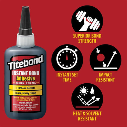 Titebond Instant Bond Medium CA Super Glue - Negro azabache, calcomanía de cianoacrilato de etilo para carpintería, relleno de huecos, juego de 40-60 segundos - 2 oz. 8211