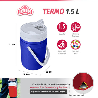 Guateplast Termo 1.5 L Poliuretano | Azul, material poliuretano, libre de BPA, mantiene bebidas frías o calientes