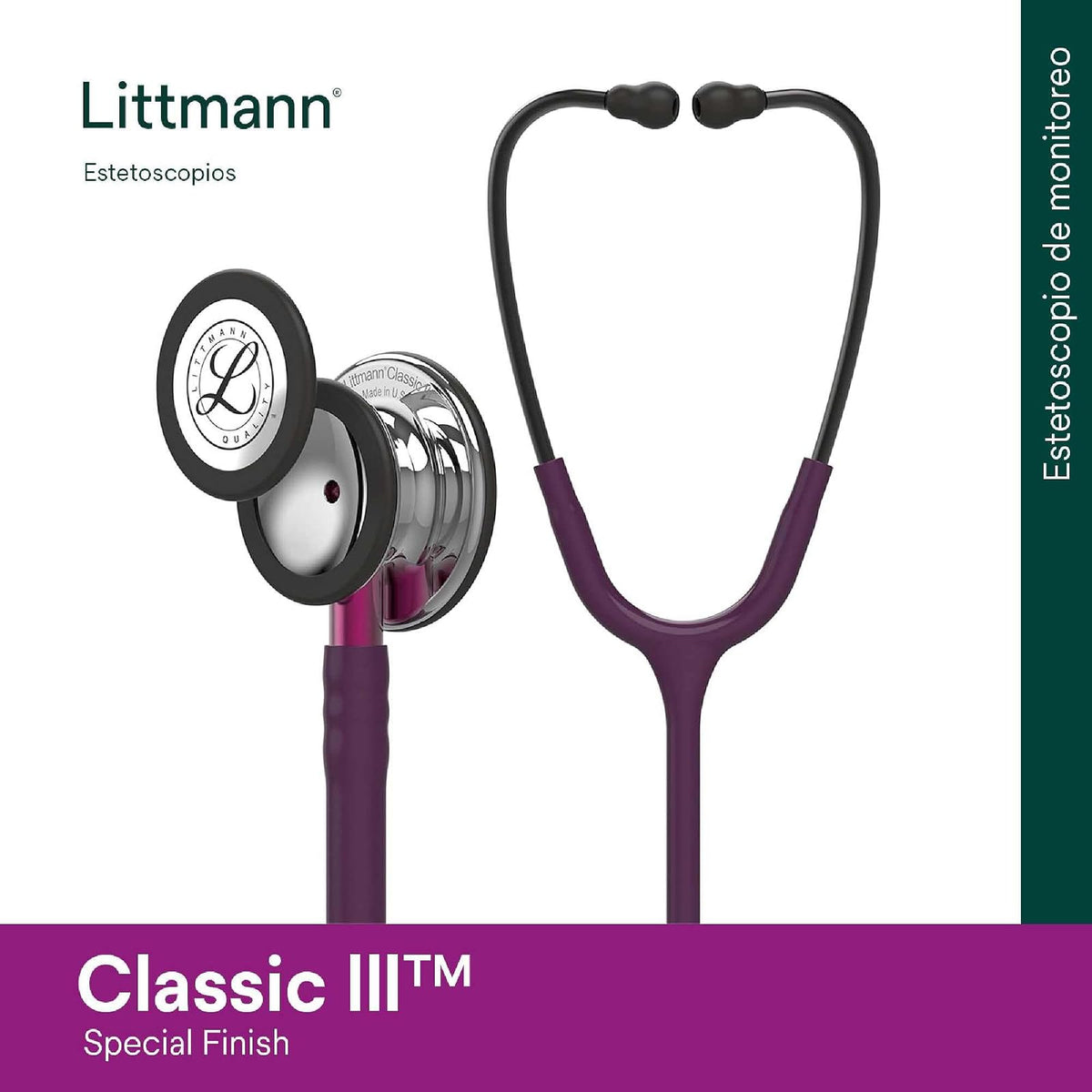 3M Littmann Estetoscopio Classic III, Manguera Color Ciruela, Acabado Espejo, 69 cm (Modelo 5960)