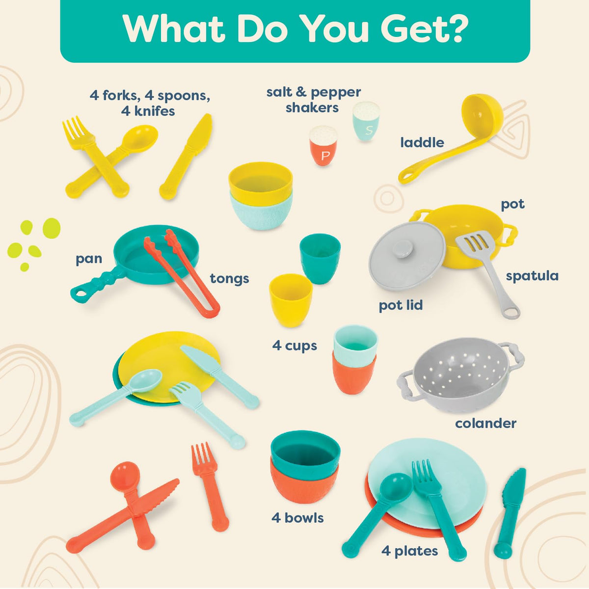 B. toys Mini Chef, Accesorios de Cocina y vajilla de Juguete | Set de juego de 33 piezas con olla, sartén, colador, utensilios, platos, cuencos, vasos y cubiertos para 4, 3 años y +