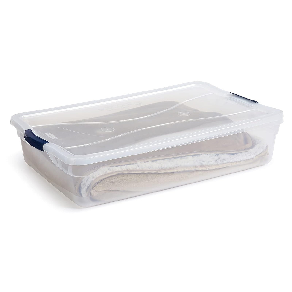 Rubbermaid Cleverstore Contenedor organizador de plástico apilable de 42 cuartos con tapas de cierre para cochera, clóset y aula, transparente, paquete de 4