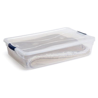Rubbermaid Cleverstore Contenedor organizador de plástico apilable de 42 cuartos con tapas de cierre para cochera, clóset y aula, transparente, paquete de 4