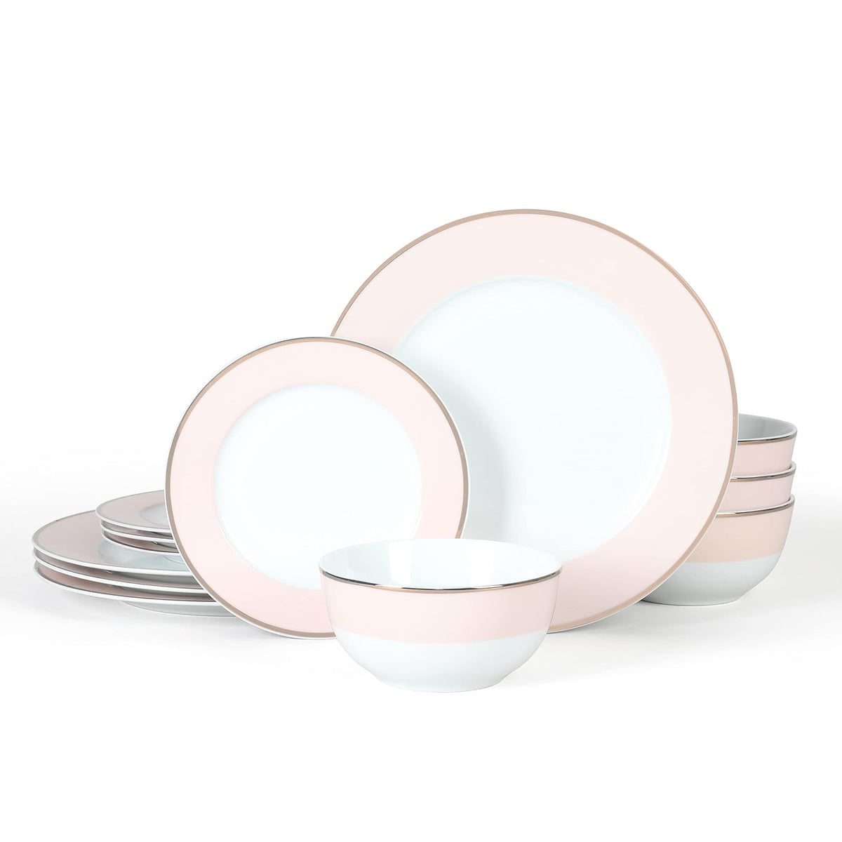 Martha Stewart Gracie Lane - Juego de vajilla de porcelana, 12 piezas, resistente a los arañazos y astillas, color rosa con borde dorado