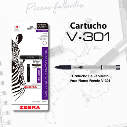 Zebra Pluma Fuente Recargable De Acero Inoxidable V-301 Tinta Líquida Estuche Metalizado 1 Pieza Color Negro.